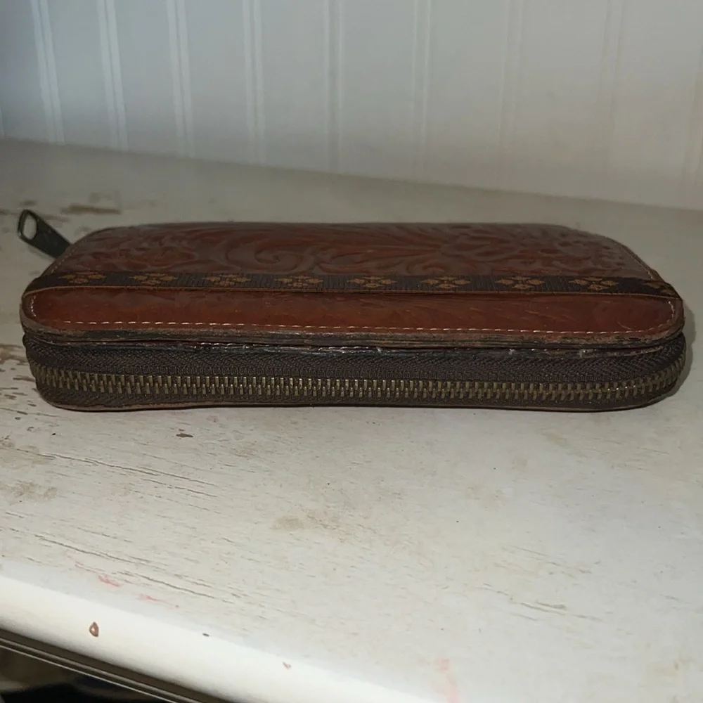 Patricia Nash Embossed Brown Leather Wallet zip around fold over